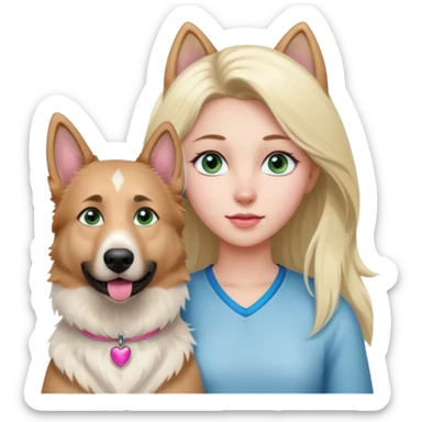 White European young woman with blue-green eyes and long blond hair with her white German Shepherd dog,the Dog has a pink nose and short fur  and Brown eyes sticker