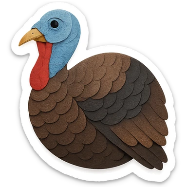 close-up of an Eastern Wild Turkey, fine paper edges, iridescent feathers, red wattle, blue head, natural background sticker