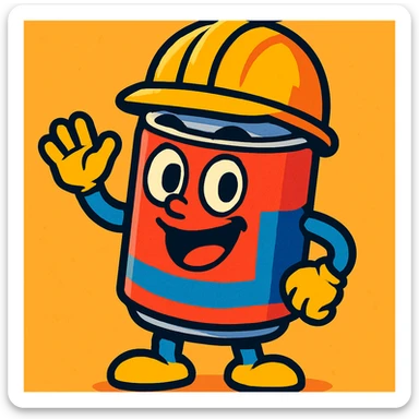 a can wearing a construction hat, vibrant, playful, cartoon style, bold colors, cheerful expression sticker