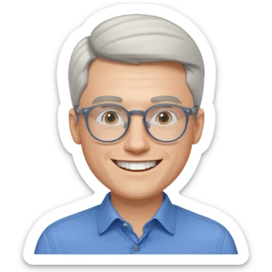 30 yr old pale white man, white/grey side swept stylish hair, round glasses, big smile, white teeth, handsome, longer hair, thin glasses, blue dress shirt sticker