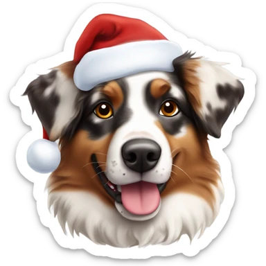 red Merle toy Aussie Shepard wearing a Santa hat sticker