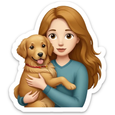 woman with long brown hair holding a golden retriever dog in her arms sticker