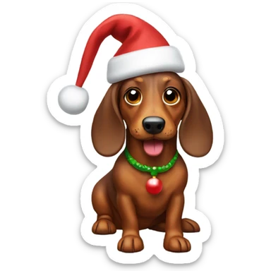 Brown Wiener dog wearing a Christmas hat sticker