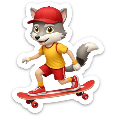 A gray wolf with large, expressive eyes and a friendly smile. The gray wolf is wearing a bright yellow T-shirt, red shorts, white knee socks, and sneakers. The baseball cap is on backwards. The wolf is preparing to perform a skateboarding trick. sticker
