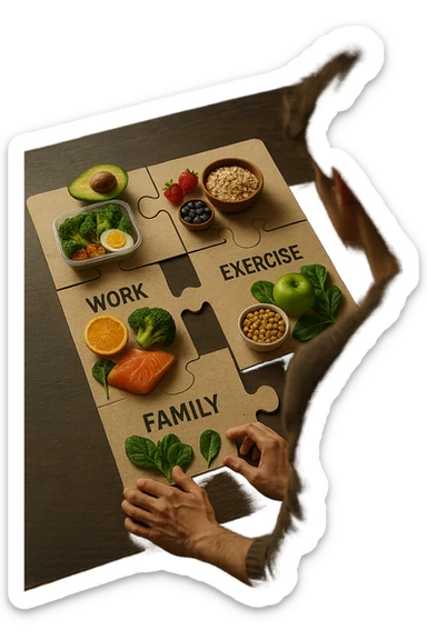 realistica cinematic photo a person is surrounded by puzzle pieces, each representing a different aspect of their life (Lavoro, Esercizio, Famiglia, Relax), and healthy foods are integrated into each piece. The person assembles the puzzle, creating a complete, personalized nutrition plan. The mood is uplifting and creative. in italiano sticker