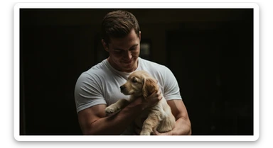 Photo of a musculated man holding puppy golden retriver, low key light sticker