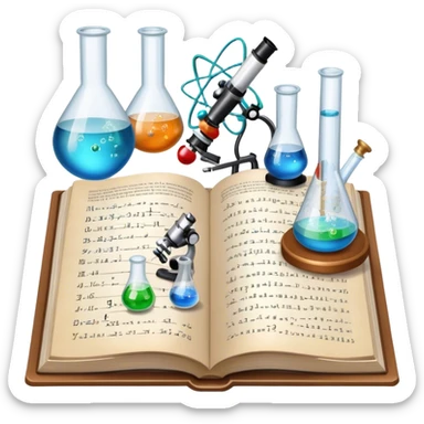 Icon for Scientific and Educational Reading: an open book with mathematical and physical formulas on the pages, with molecules and atoms flying out. On the desk are test tubes, flasks, and a microscope. Transparent background. sticker