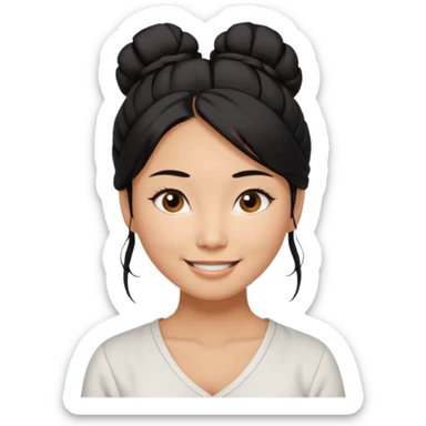 medium tan asian woman with long black hair tied 1 messt bun on top of head,  round brown eyes, white v neck blouse. shes smiling and friendly. sticker