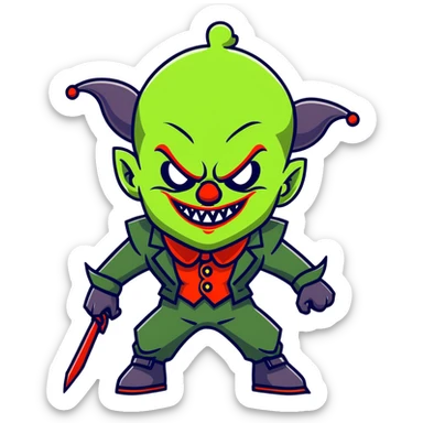 evil clown warrior, bald, short black devil-like horns on forehead, fangs, pointed ears, black and military green leisure suit with bellbottom pants, realistically proportioned, less bulky, full body visible, battle-ready fighting posture sticker