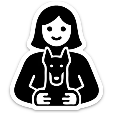 A medium black hair Asian girl holding a Doberman sticker