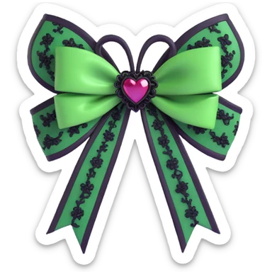 green gothic bow with black lace trim and heart charm, remove background sticker