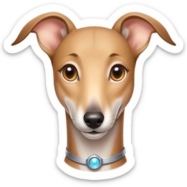 Cinematic Cute Fawn Greyhound Portrait Emoji, Head tilted playfully and inquisitively, featuring a sleek fawn Fur with a gentle sheen, round, sparkling eyes filled with curiosity, Simplified yet irresistibly adorable features, highly detailed, glowing with a warm, friendly glow, high shine, affectionate and nimble, stylized with a touch of whimsy, bright and endearing, soft glowing outline, capturing the essence of a mischievous yet loving racer, so playful it feels like it could sprint out of the screen and into your arms! sticker