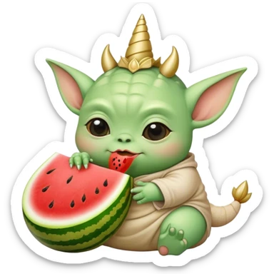 Fat baby Yoda eating watermelon and chicken on a unicorn sticker