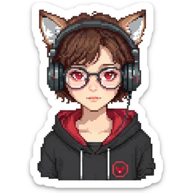 tan brunette girl with a short wolf haircut, round ruby glasses, black headphones, and a black hoodie sticker