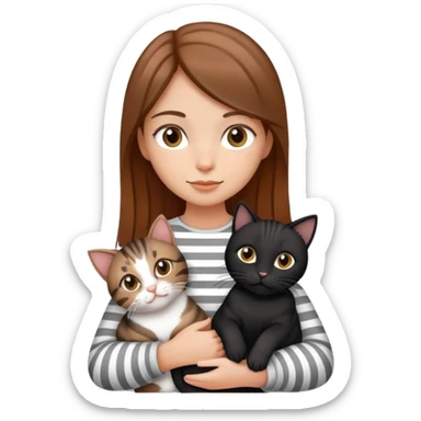 tan brown-haired girl holding two cats, one black cat and one grey-striped cat sticker
