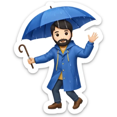 A dark-haired boy with a white beard dancing with an umbrella in the rain sticker