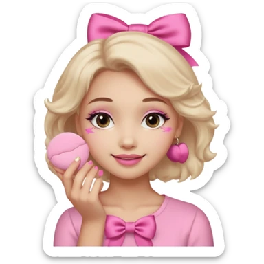 female face, light skin tone, small simple closed smile. One hand visible holding a round fluffy pink makeup powder puff pressed to the cheek; the puff has a small satin bow. sticker