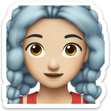 asian girl with two ponytails dark blue hair and blue eyes with red top that has black spots on it sticker