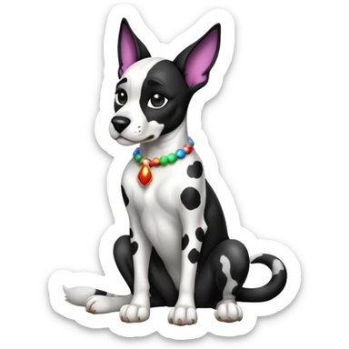 cinematic-[harlequin dane]-realistic-full-body-sitting-emoji,-tail-resting-loosely-beside-its-paws,-head-tilted-dramatically, ears drooped, -sleek-[black and white]-fur,-simplified-yet-realistic-focused-features,-highly-detailed,-glowing-with-an-almost-sarcastic-glow sticker