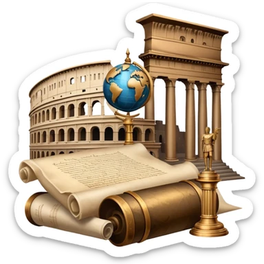 An icon featuring an ancient scroll, a quill pen, and a globe, surrounded by famous historical landmarks and statues of notable figures, like the Colosseum or Napoleon. The design symbolizes the exploration of history through monuments and people. Transparent background highlights the past sticker