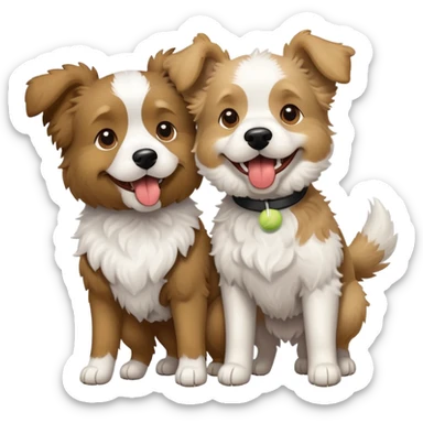 Two playful doodle-like dogs: one dog light brown with a tennis ball in its mouth, the second is a black and white with a fluffy coat. sticker