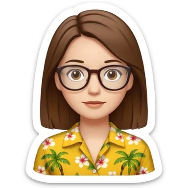 Hawaii female with white skin. Shoulder length straight brown hair. Brown eyes with glasses. Female wearing yellow Hawaiian print shirt. sticker
