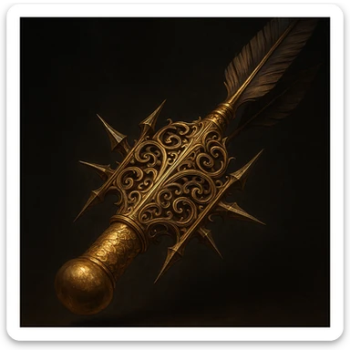 A hyper-detailed, luxurious arrow: gold-wrapped, rounded blunt tip, intricate filigree on the shaft, surrounded by sharp spikes. Cinematic lighting, dark background, fantasy illustration. sticker
