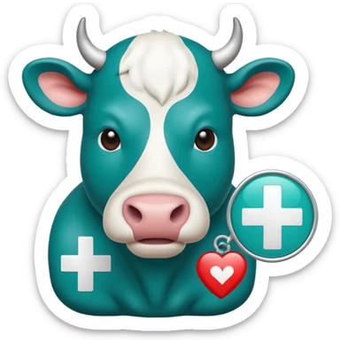 Emoji-style icon of a cow and buffalo with a medical cross and warning pulse or health indicator, showing disease detection. Simple emoji design, teal and white theme, no text, transparent background. sticker