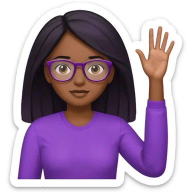 black girl raising her hand, wearing glasses and a purple shirt with long black hair sticker