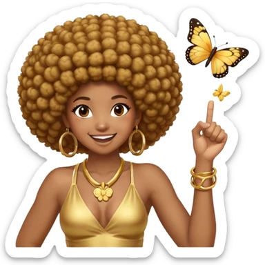 Brown skin girl with gold hoops and a Afro with butterflies wearing a gold ring smiling with her right fist balled up in a fist in the air  sticker