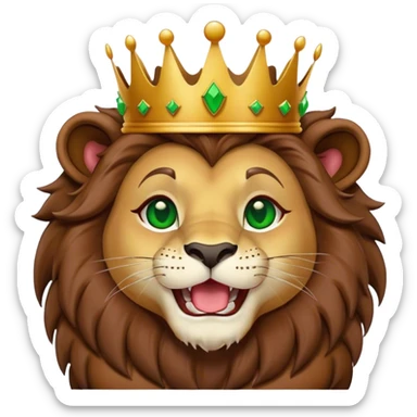 Lion with a crown and makeup with green eyes laughing and eating chocolate  sticker