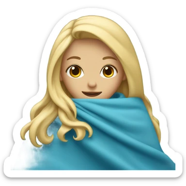 A blonde girl is covered with a blue blanket sticker