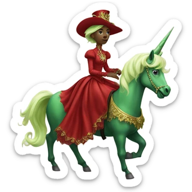 "galora green blonde alien woman" in red Victorian elegant dress, full body, rides unicorn gold
(NO WOKE)
 sticker