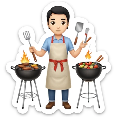 man cooking barbecue full-body black hair light brown skin sticker