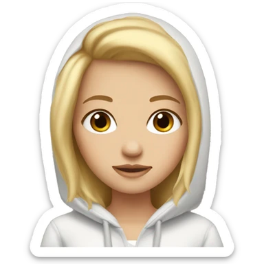 A white girl with blonde hair and brown eyes wearing a hoodie sticker