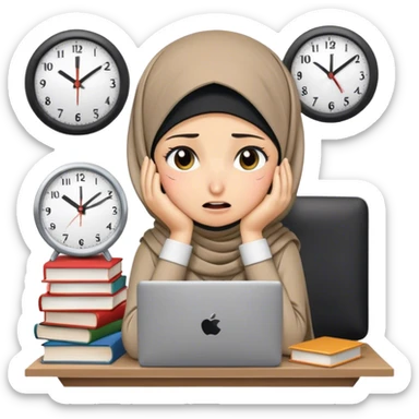 hijabi girl, books, pc, clock looking super stressed, suffering and crying sticker