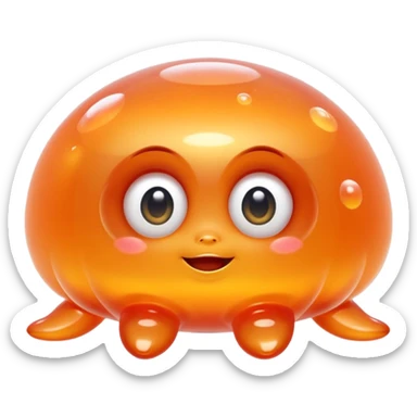 a combination of a water droplet and a ghost tail.
The bottom part is softly squished and slightly curled like a tail
floats in the air with no feet, has small round hands like jelly
Ieyes are large, round, and sparkle like jelly marbles.
The character has a translucent jelly-like texture. sticker