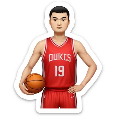 Yao Ming – Cinematic Realistic Portrait of Yao Ming, depicted as a towering basketball icon in a modern uniform, with a gentle yet determined expression and dynamic arena lighting that highlights his immense stature and graceful athleticism. sticker
