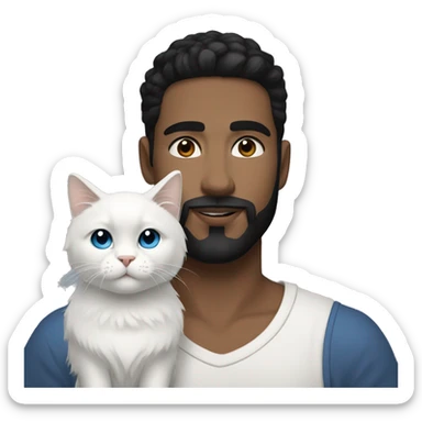 A guy with a black earing and black short hair and black beard and holding a all white Siberian cat with blue eyes  sticker