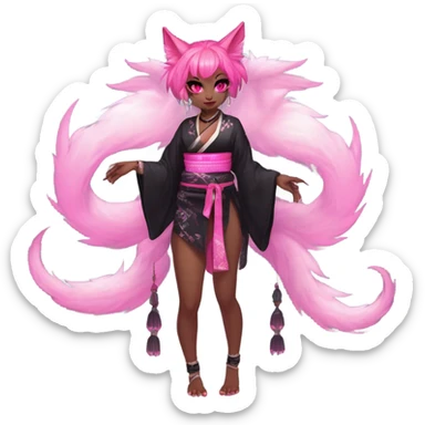 Full body female, succubus kitsune, neon pink eyes, vibrant pink hair, alabaster skin, fluffy black tails, pink tail tips, spiked choker, unique heritage, seductive charm, rebellious spirit, traditional kimonos, spiked anklets, and Barefoot 
 sticker