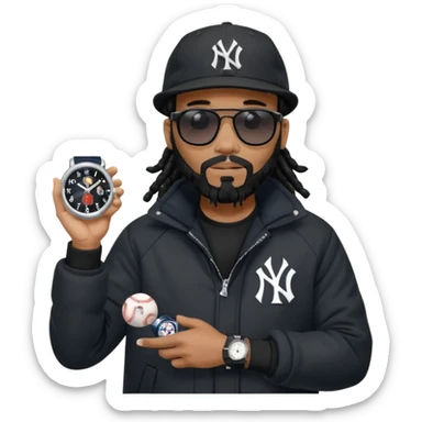 African American Man with shoulder length black dreadlocks with black beard wearing black sunglasses wearing a black bubble winter coat and a New York Yankees logo baseball cap checking the time on his wrist watch sticker
