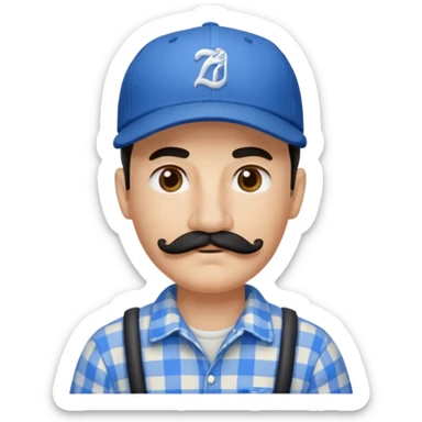Man with blue baseball hat, black mustache and plaid shirt  sticker