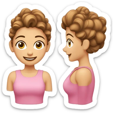 mujer con pelo castaño ondulado, ojos marrones, ambo rosa, sonriendo, brazos cruzados sticker