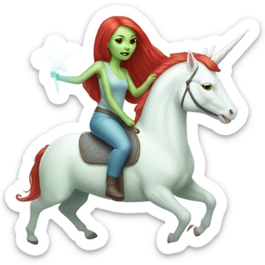 [politically incorrect
	{ woman: alien, color: light green, hair:red, eyes:cat} ]
	on a 
	[{ unicorn: white, legged:four, mane: light blue }] sticker