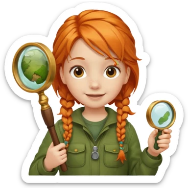braid orange haired girl kid in moss green explorer outfit, holding magnifying glass sticker