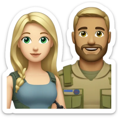 military blonde man with beard, blue eyes with girl who has long light-brown hair and green-grey eyes sticker