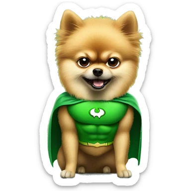 angry pomeranian in green superhero suit sticker