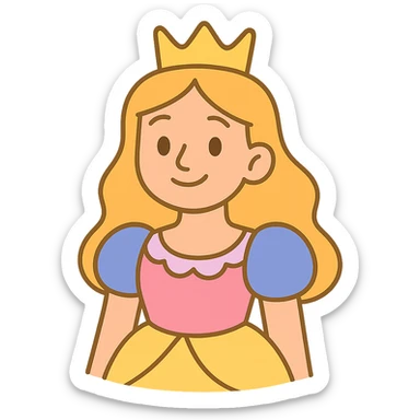 cartoon-style princess emoji with long hair, wearing a golden crown, smiling softly, dressed in a royal gown, pastel toon style sticker