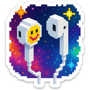 white EarPods headphones with a playful twist, floating in space, with a cosmic background sticker