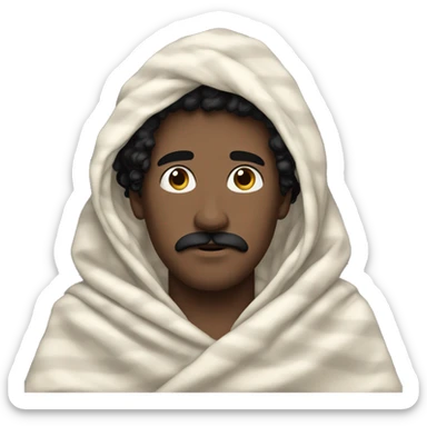 Pale white man, black curly hair and black mustache, wrapped in a blanket sticker